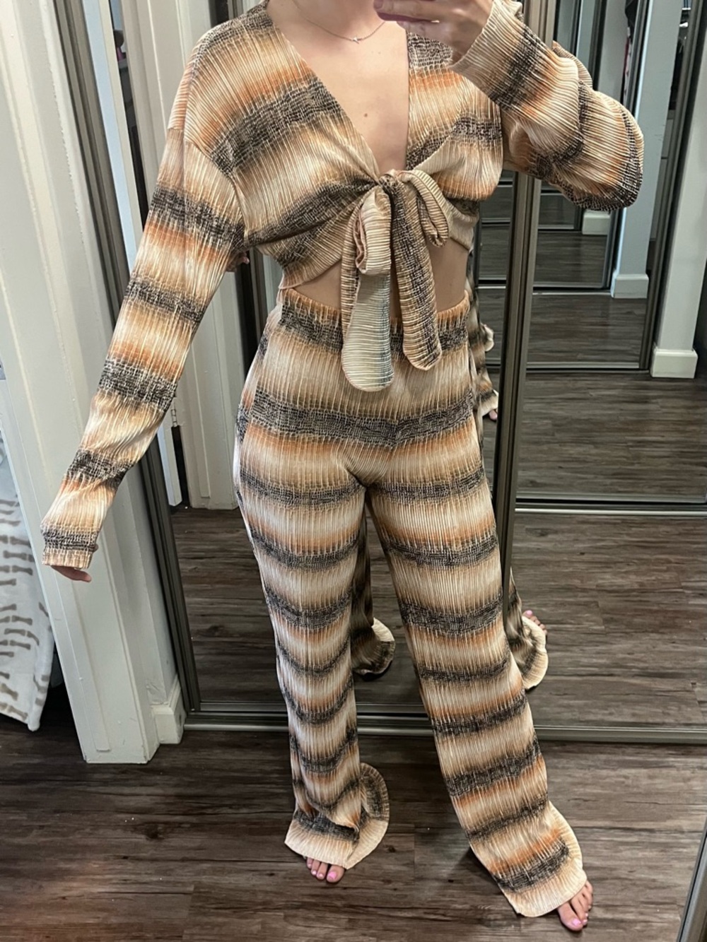 AKIRA Striped Tie-Front Wide-Leg Two-Piece Set